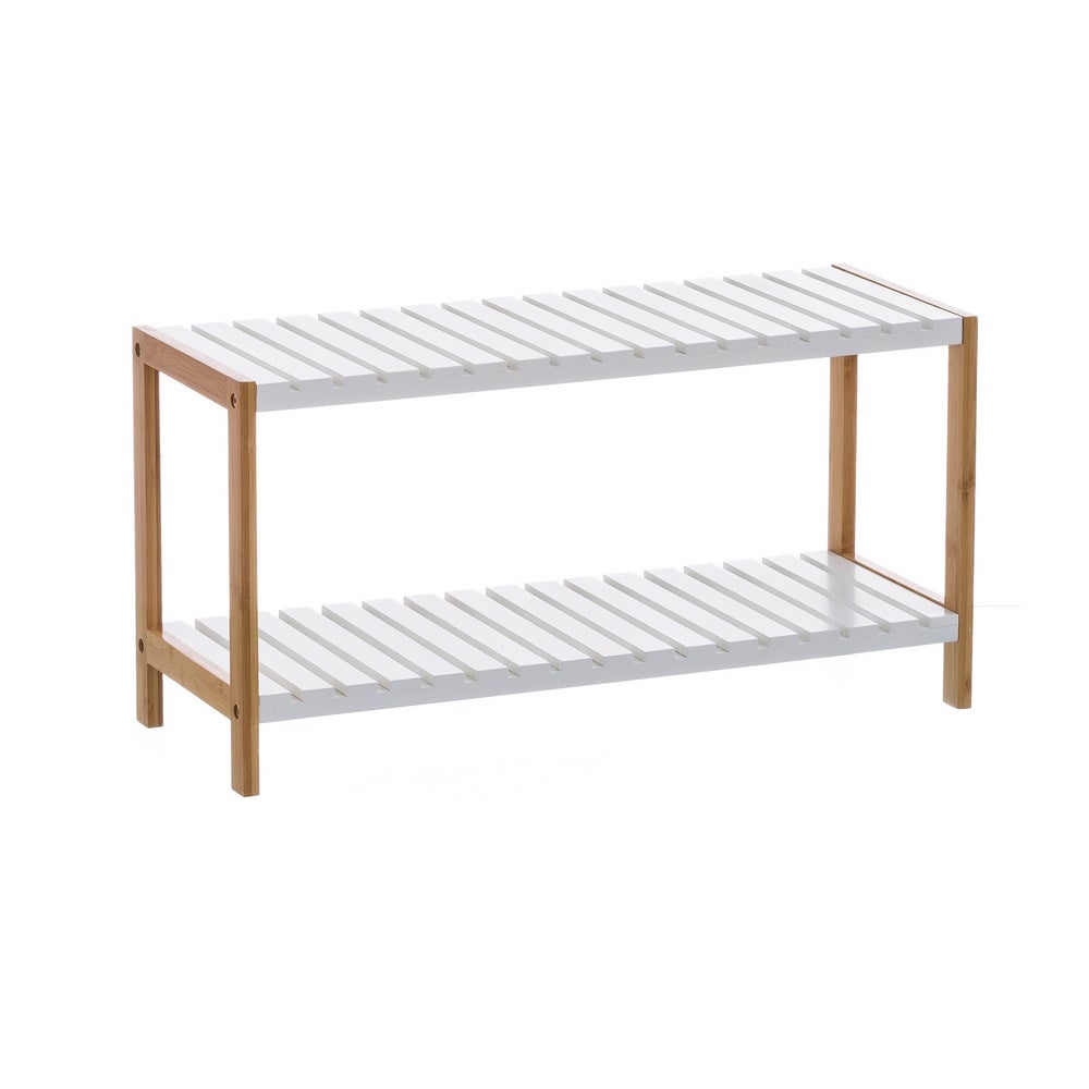 Estantería zapatero de bambú natural con 2 estantes laminados blancos de 70x26x36 cm