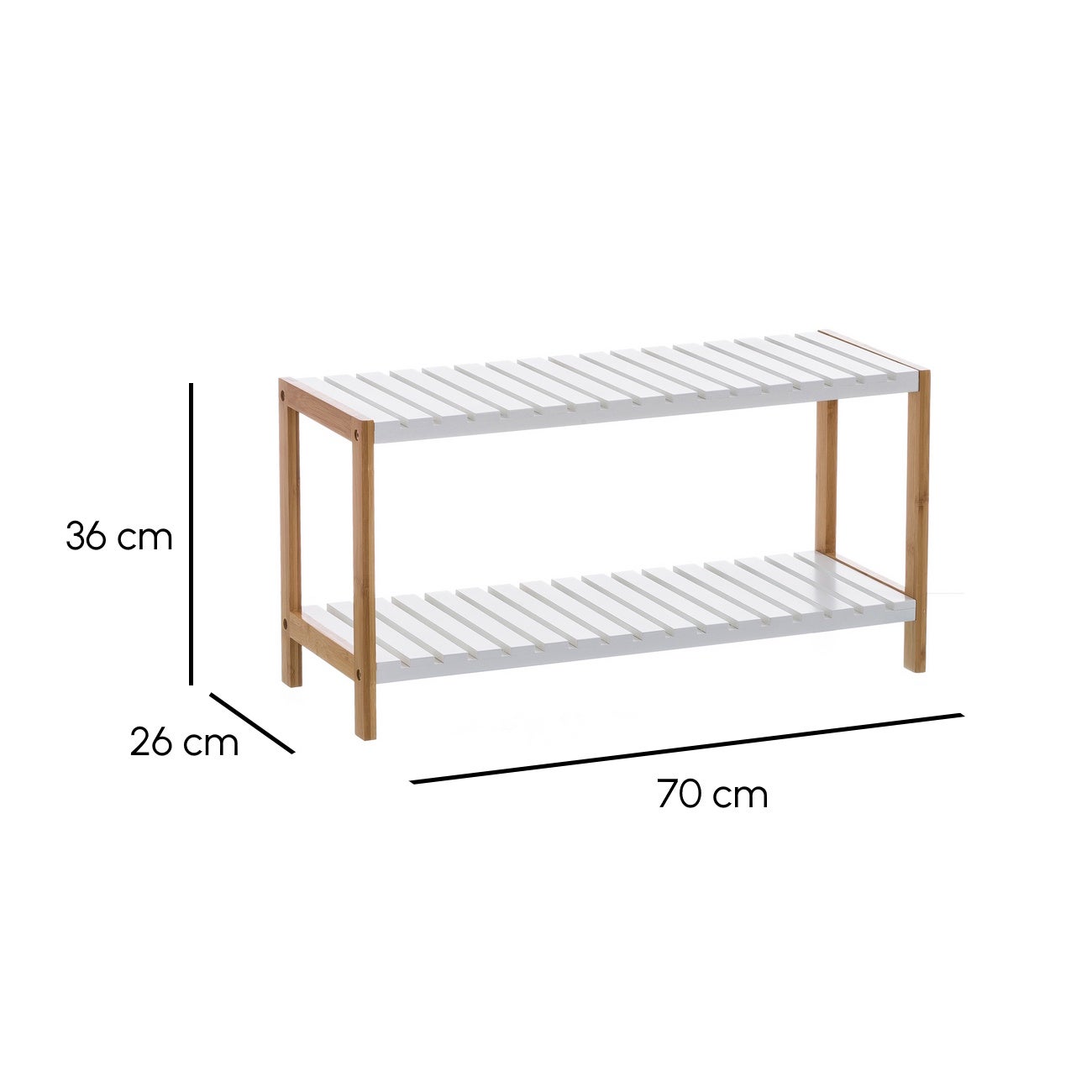 Estantería zapatero de bambú natural con 2 estantes laminados blancos de 70x26x36 cm
