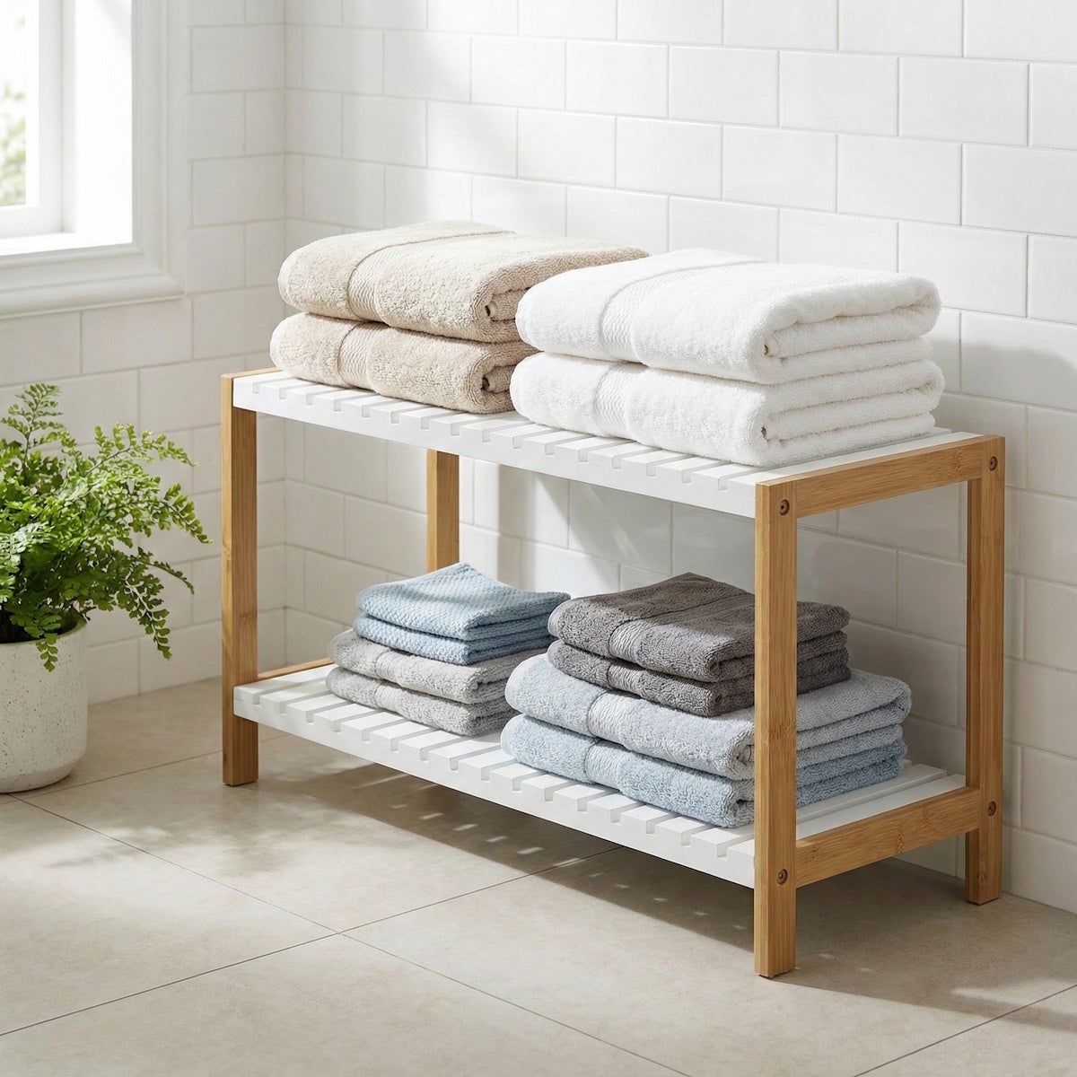 Estantería zapatero de bambú natural con 2 estantes laminados blancos de 70x26x36 cm