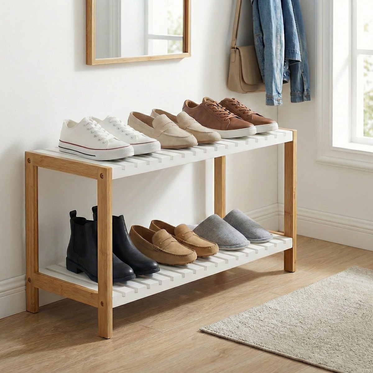 Estantería zapatero de bambú natural con 2 estantes laminados blancos de 70x26x36 cm