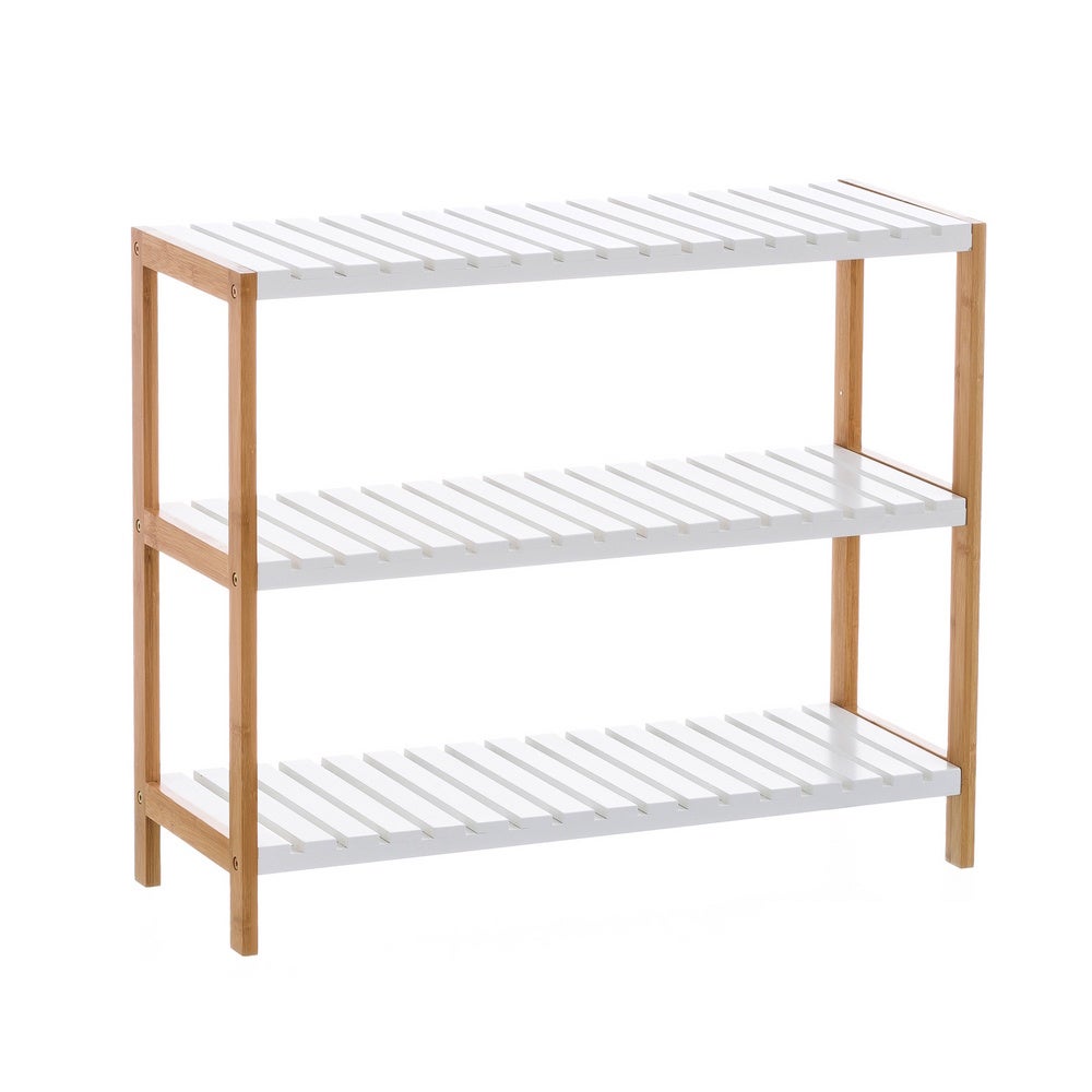 Estantería zapatero de bambú natural con 3 estantes laminados blancos de 70x26x59 cm