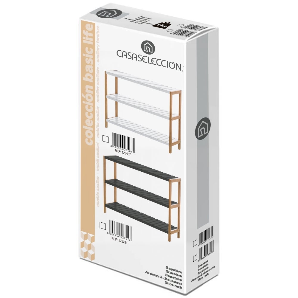 Estantería zapatero de bambú natural con 3 estantes laminados blancos de 70x26x59 cm