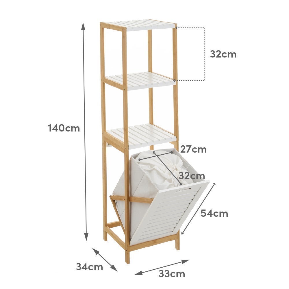 Estantería con cesto de bambú natural blanca de 140x33x34 cm