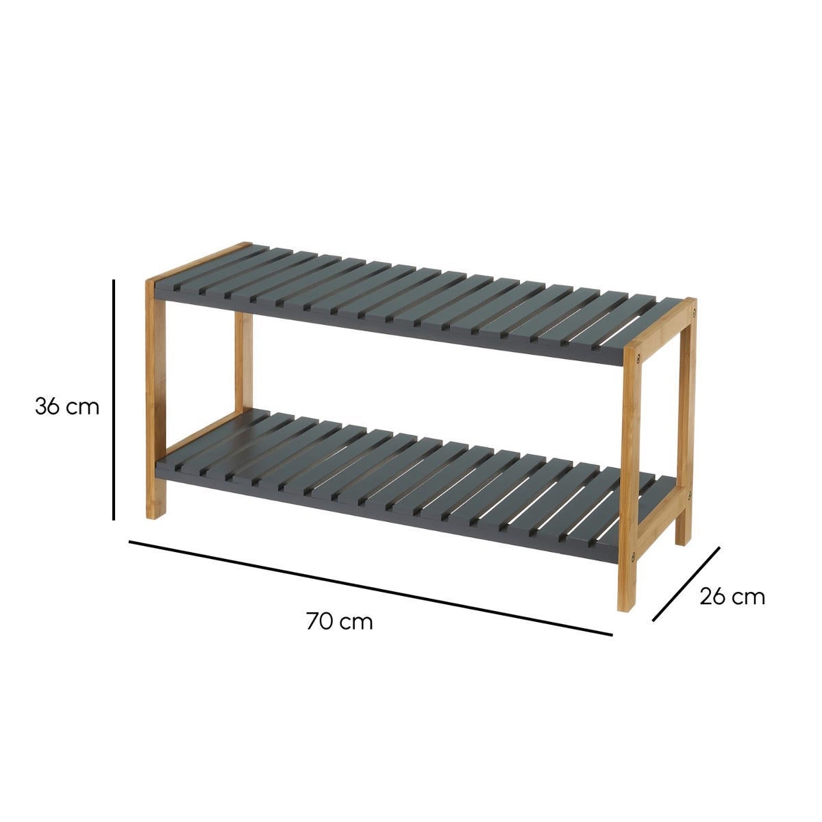 Estantería zapatero de bambú natural con 2 estantes laminados grises de 70x26x36 cm