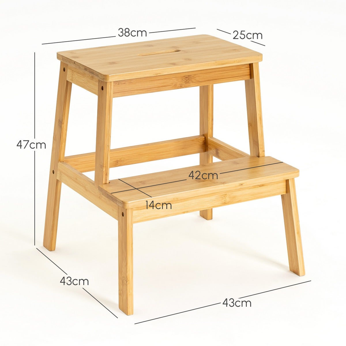 Escalera de 2 peldaños de bambú natural de 47 cm
