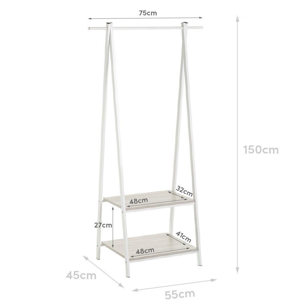 Perchero de madera y metal blanco con barra y baldas