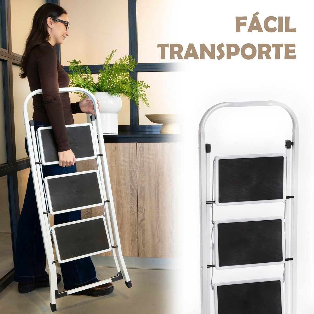 Escalera de 3 peldaños antideslizante blanca de acero de 105x71x46 cm