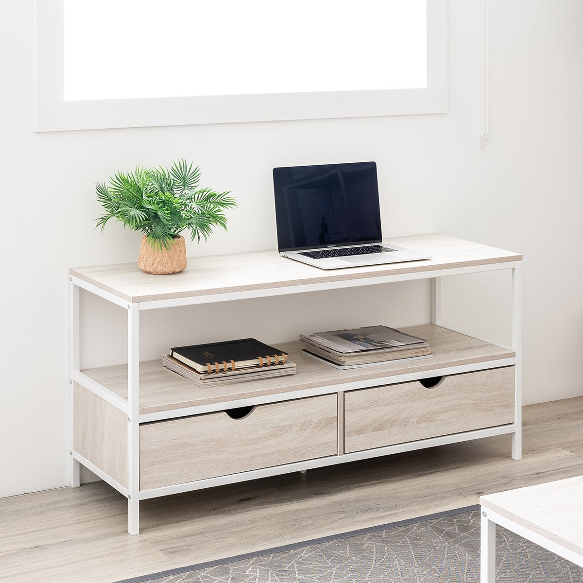 Mueble TV de madera y metal blanco con 2 cajones