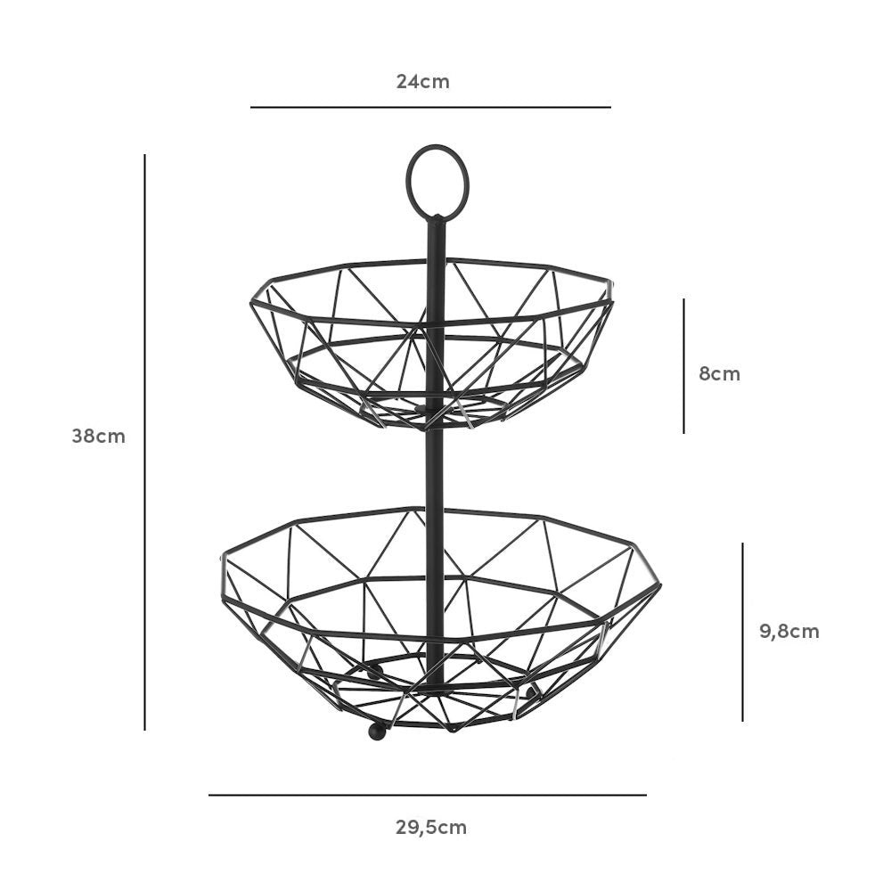 Frutero geométrico de 2 alturas negro de metal de Ø 29x38 cm -