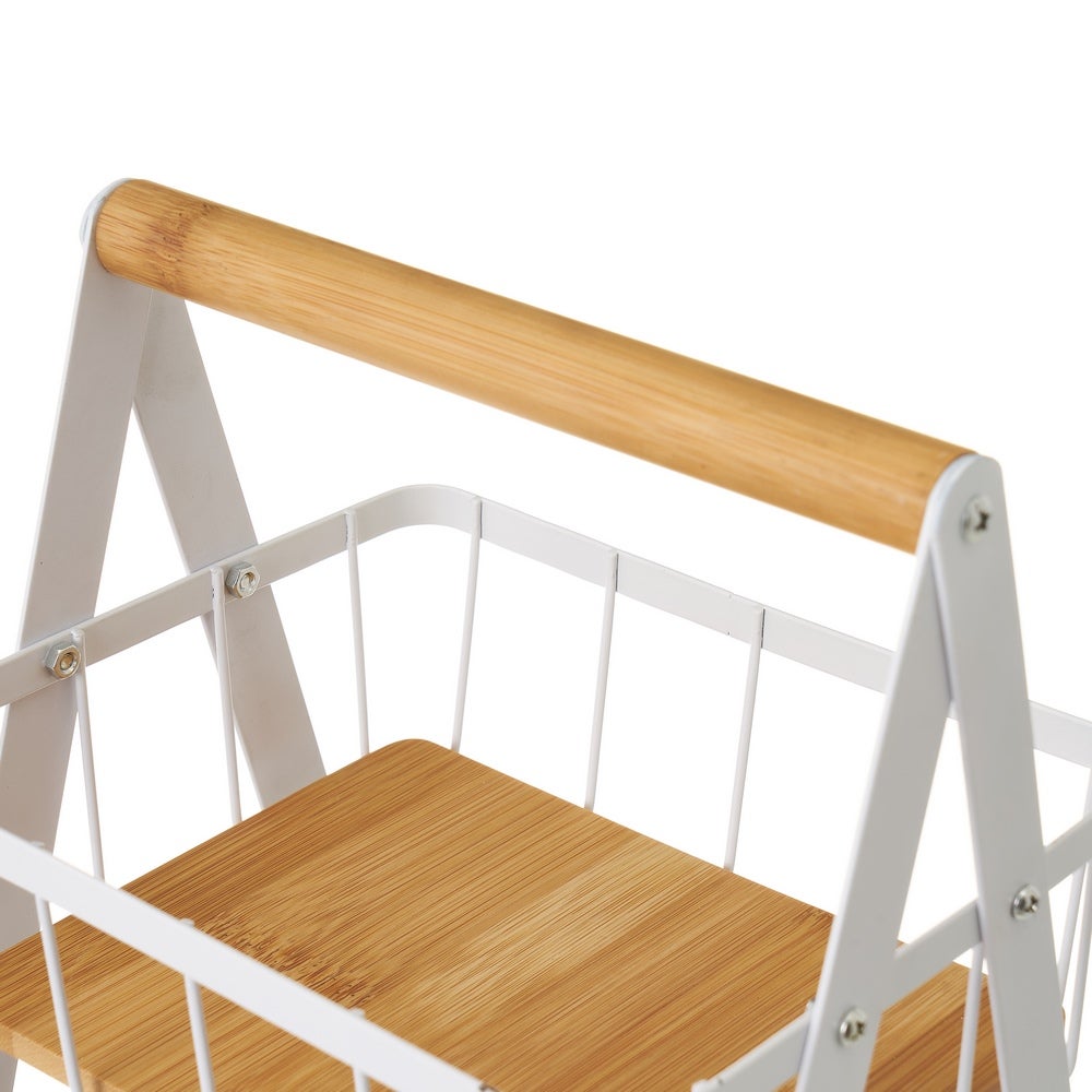 Frutero de 2 cestas blanco de metal y bambú natural