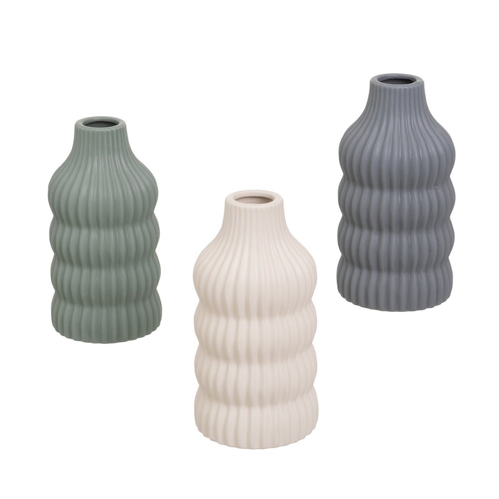 Set de 3 jarrones diseño acanalado de cerámica gris y beige