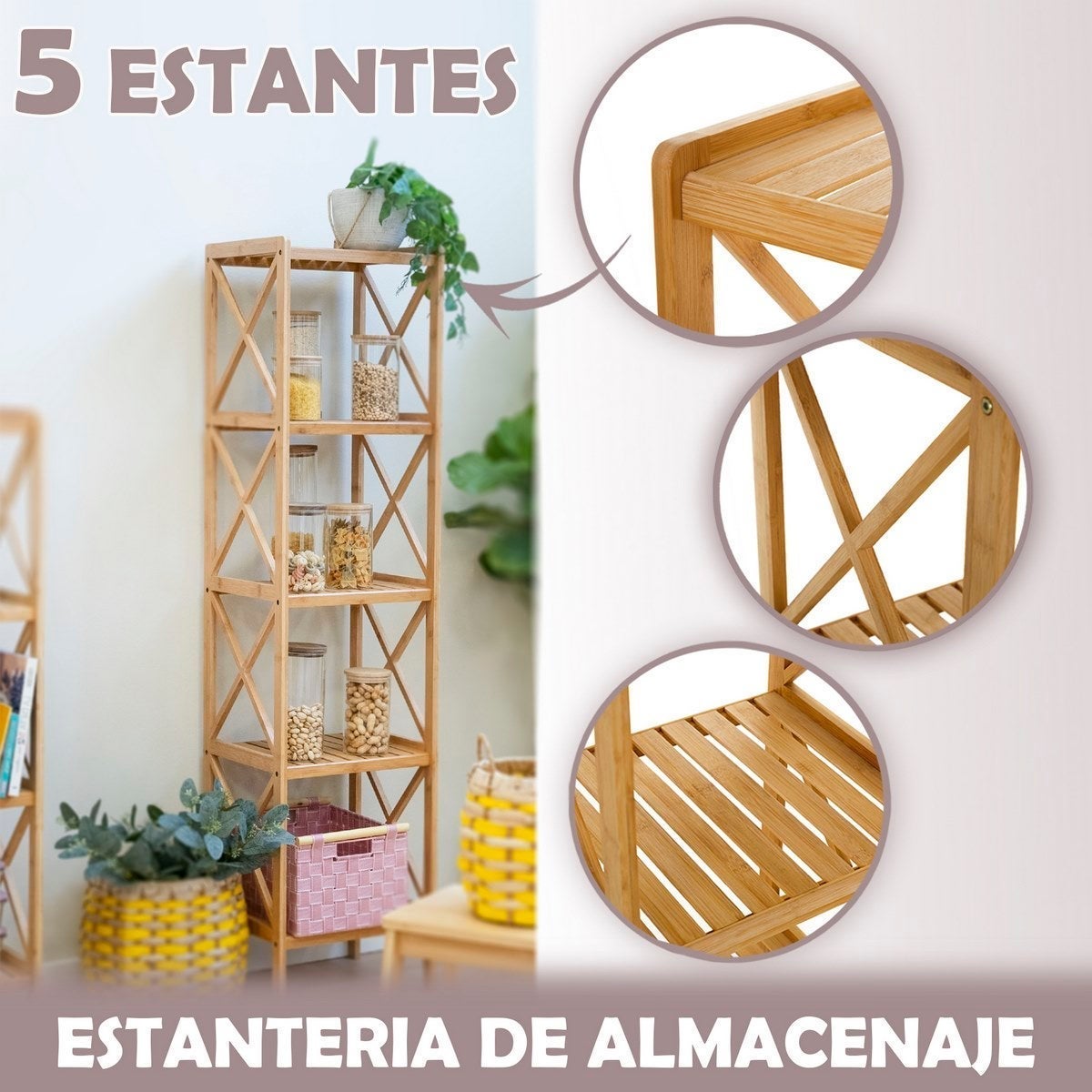 Estantería de bambú marrón de 119 cm