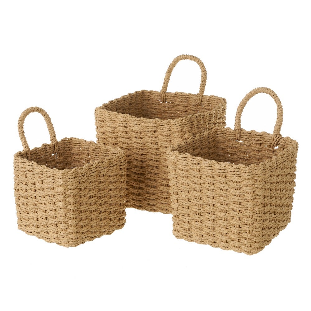 Set de 3 cestas redondas de papel trenzado beige