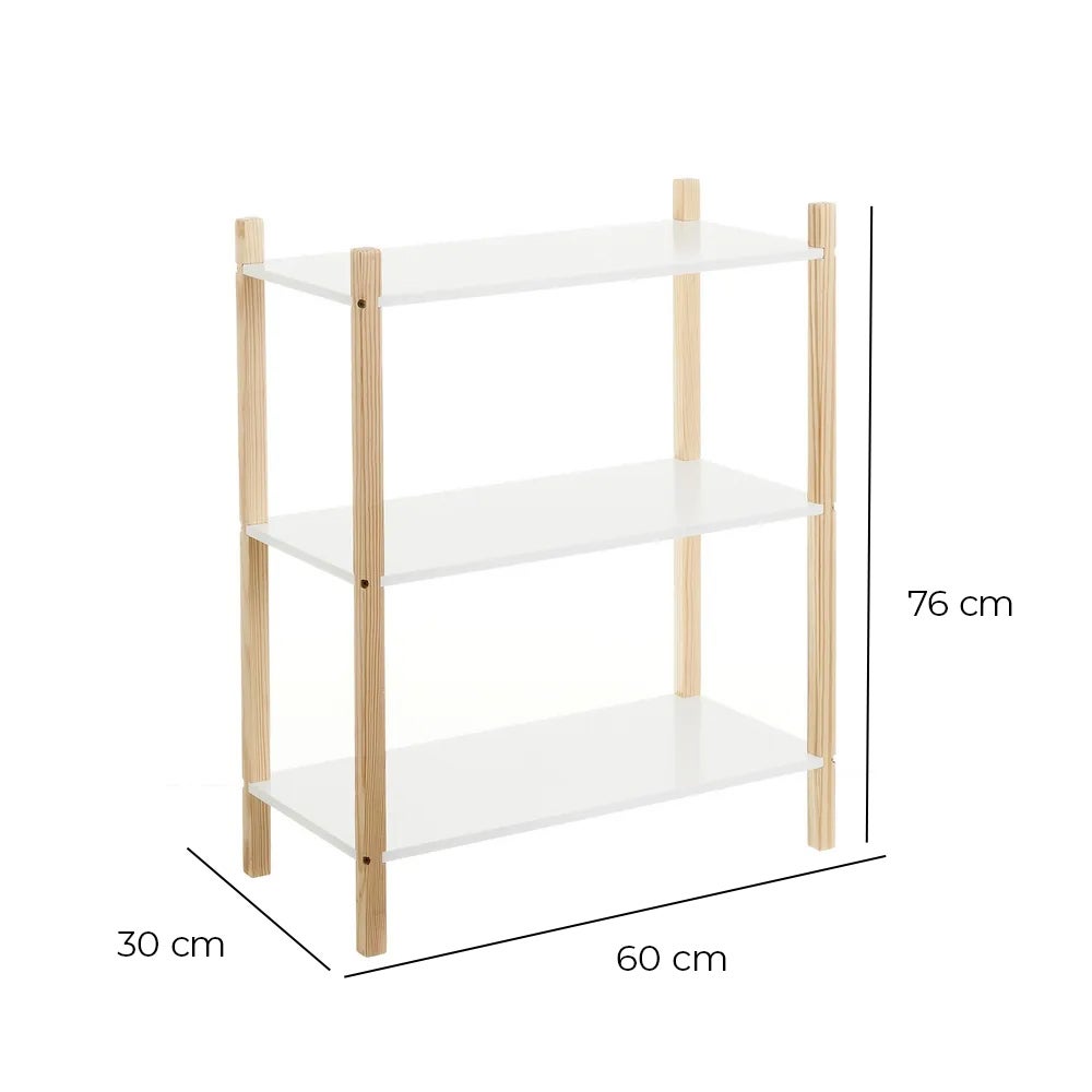 Estantería de 3 baldas de madera blanca con patas de pino