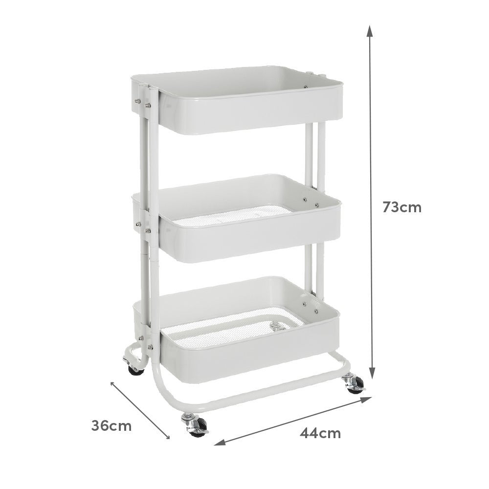Carro multiusos blanco de metal con 3 cestas y ruedas con freno
