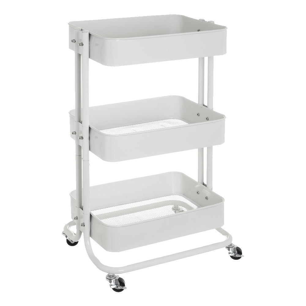 Carro multiusos blanco de metal con 3 cestas y ruedas con freno