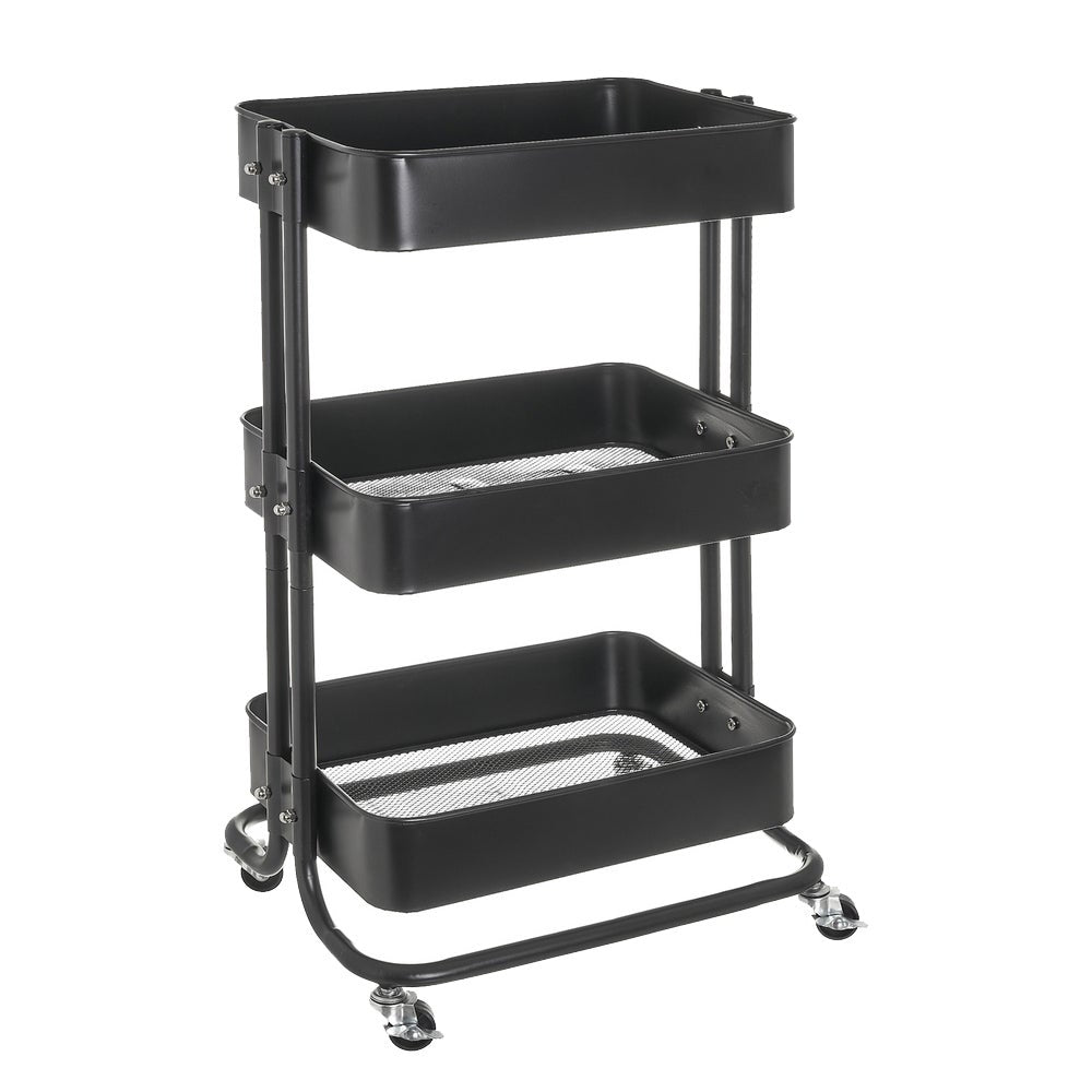 Carro multiusos negro de metal con 3 cestas y ruedas con freno