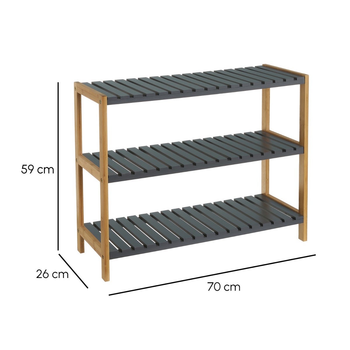 Estantería zapatero de bambú natural con 3 estantes laminados grises de 70x26x59 cm