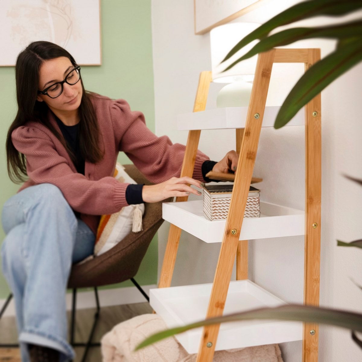 Estantería de bambú blanco y natural