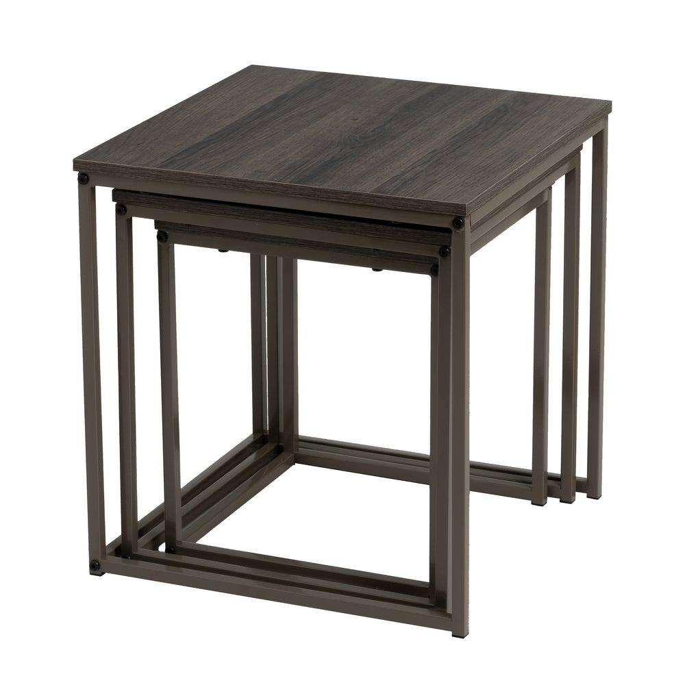 Set de 3 Mesa auxiliares nido cubo de metal y madera grises
