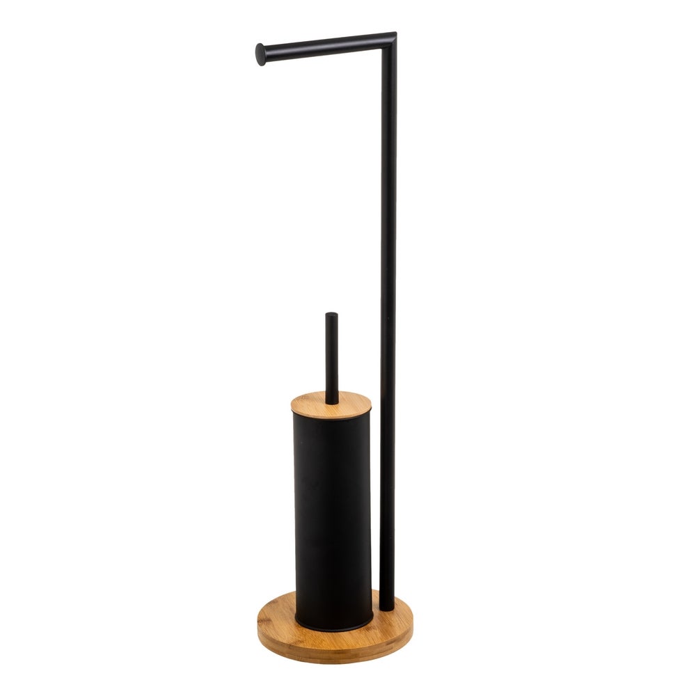 Portarrollos con escobillero de metal negro y bambú