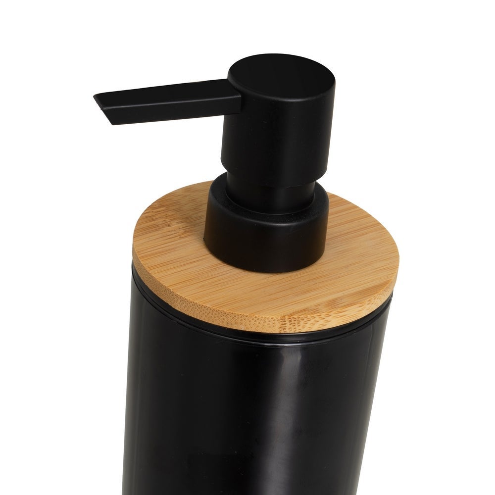 Set de dispensador, portacepillos, vaso y jabonera negro y bambú