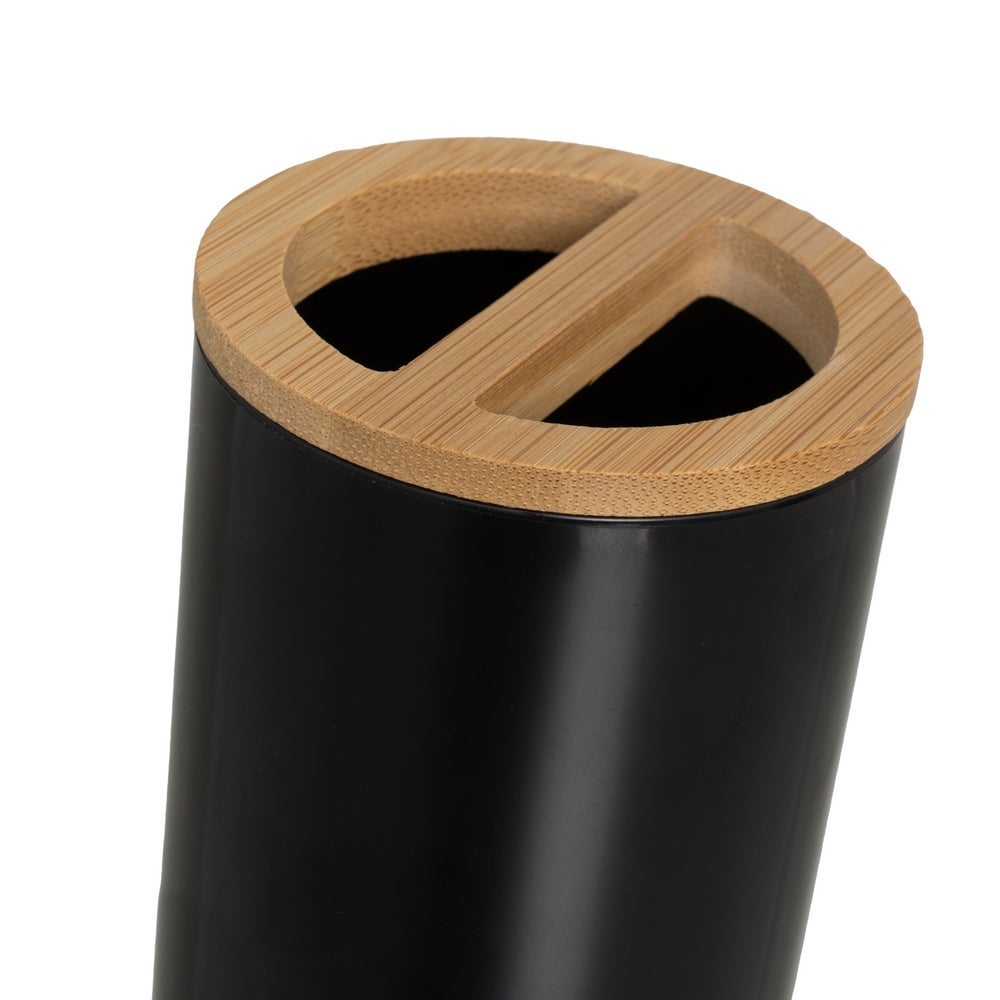 Set de dispensador, portacepillos, vaso y jabonera negro y bambú
