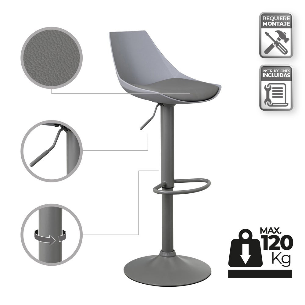 Taburete giratorio con respaldo gris de 104 cm