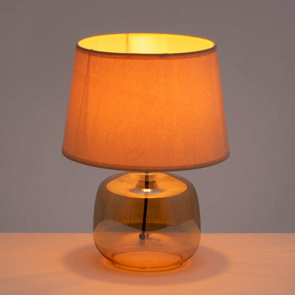 Lámpara de mesa de cristal dorado con pantalla de lino