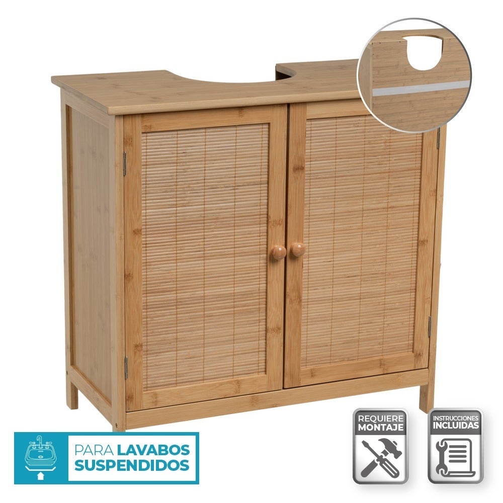 Mueble bajo lavabo de bambú marrón con 2 puertas