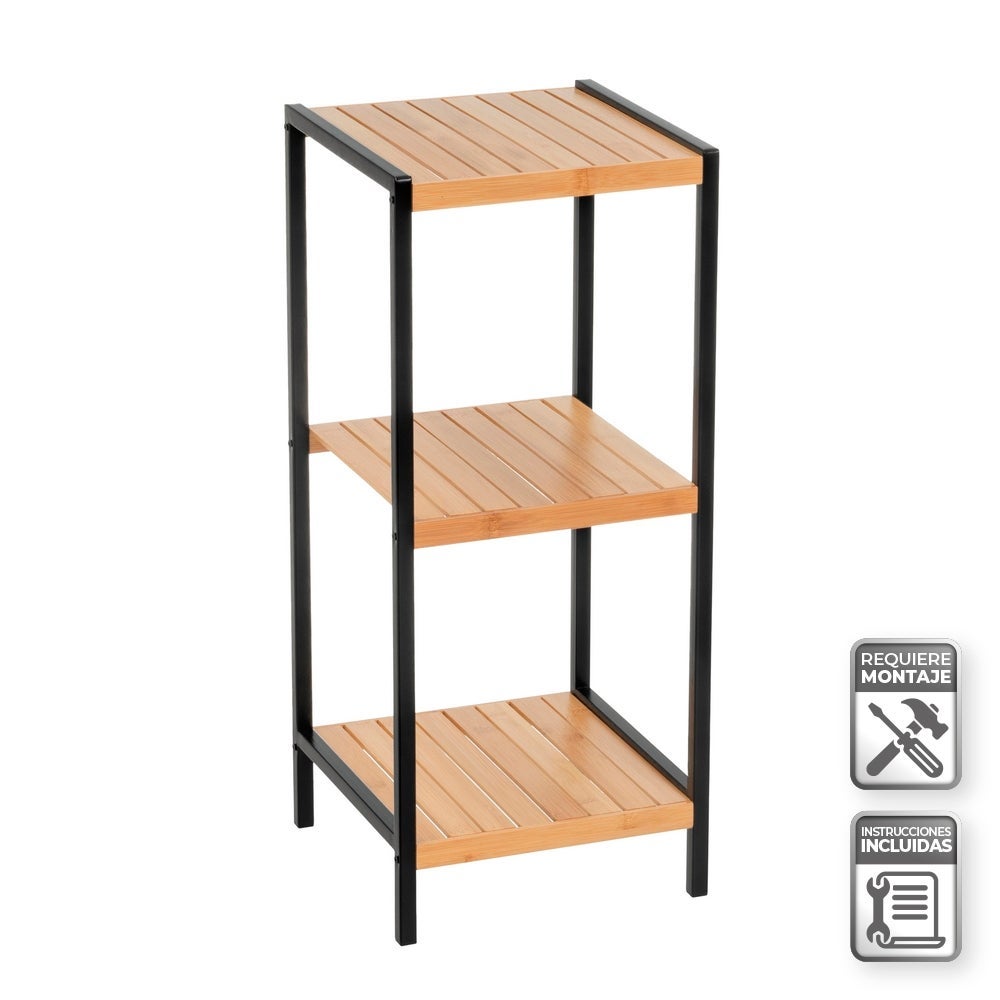 Estantería de bambú y estructura de metal negro con 3 baldas