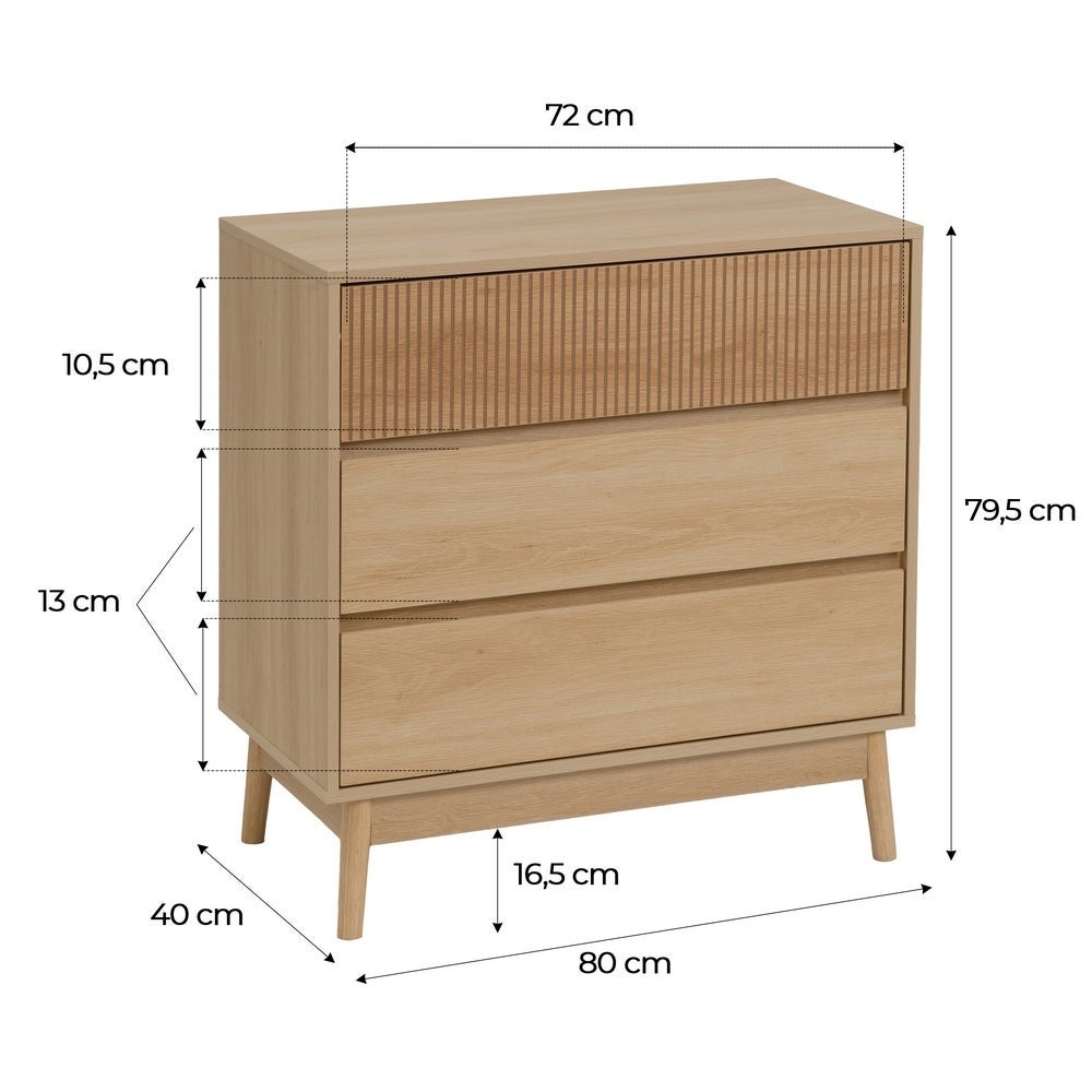 Cómoda Naroa de Madera color Natural con 3 Cajones de 80x40x80 cm