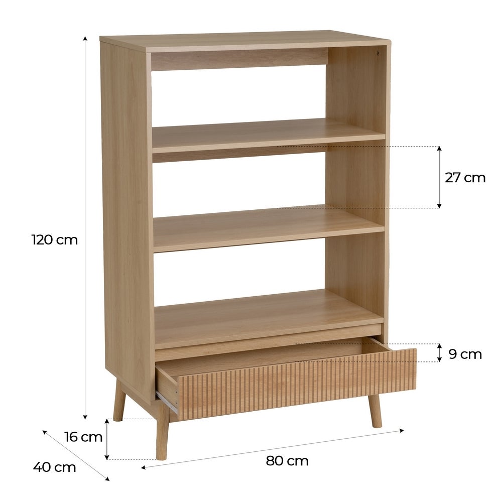 Estantería Naroa de Madera color Natural con 3 Estantes y 1 Cajón de 80x40x120 cm