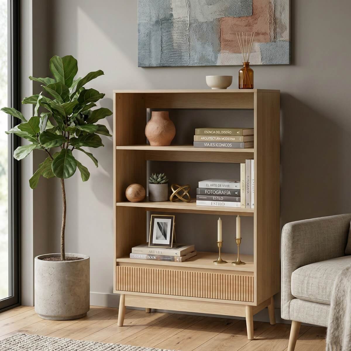 Estantería Naroa de Madera color Natural con 3 Estantes y 1 Cajón de 80x40x120 cm