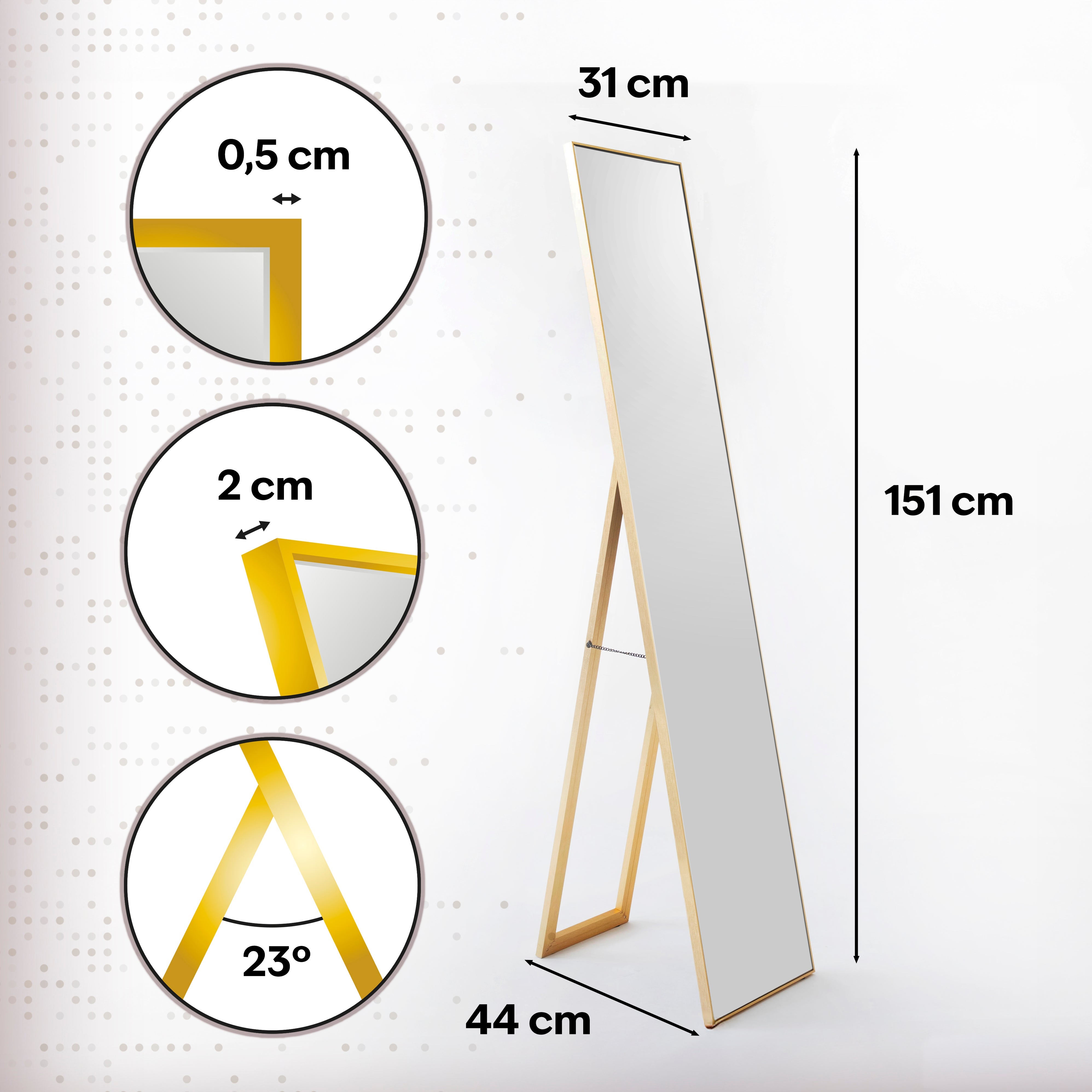 Espejo de pie dorado de 151 cm