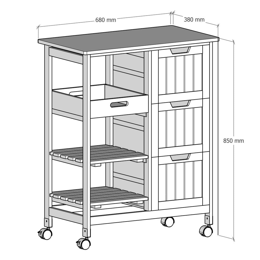 Carro de cocina de madera de pino blanco con 3 cajones