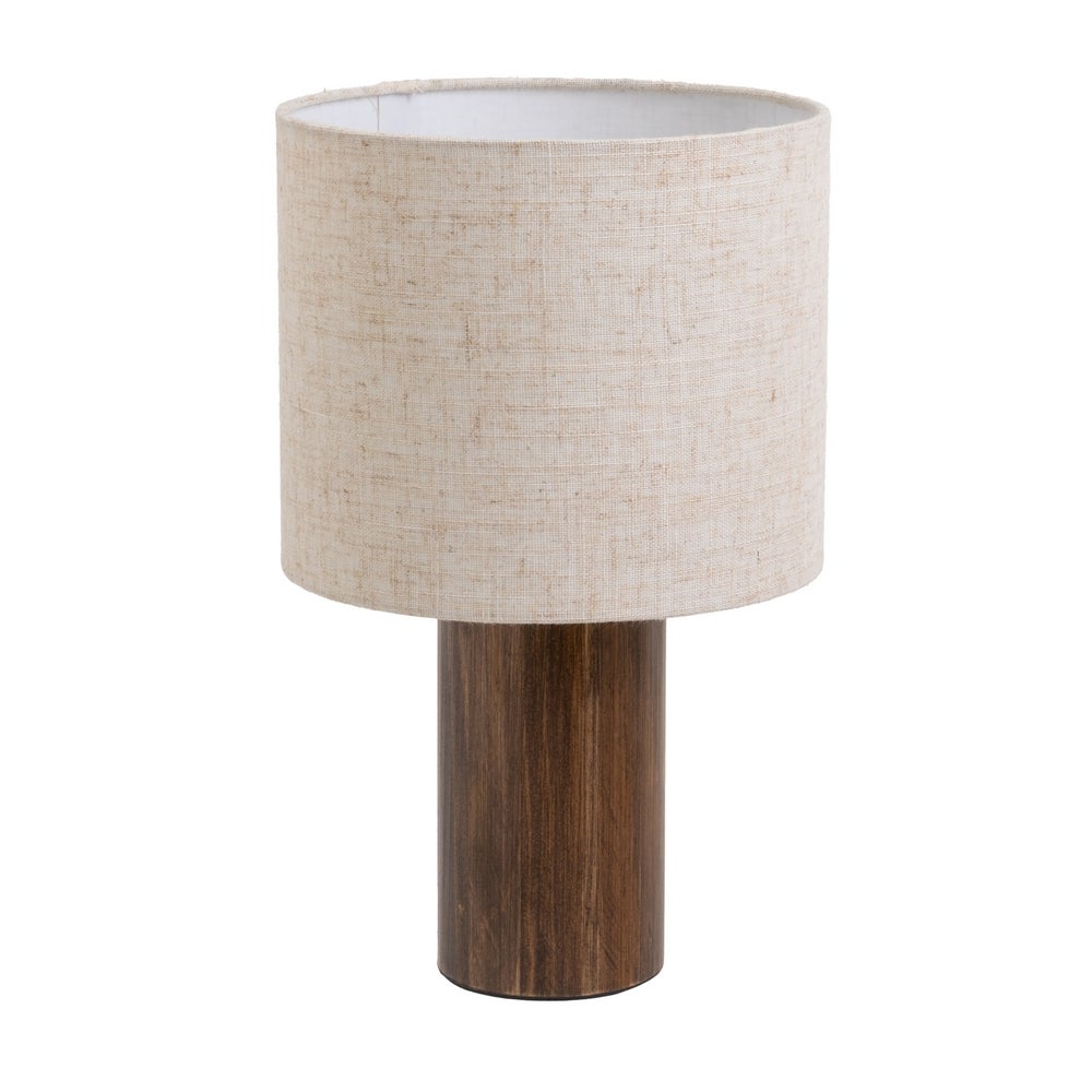 Lámpara de mesa de madera oscura con pantalla de lino