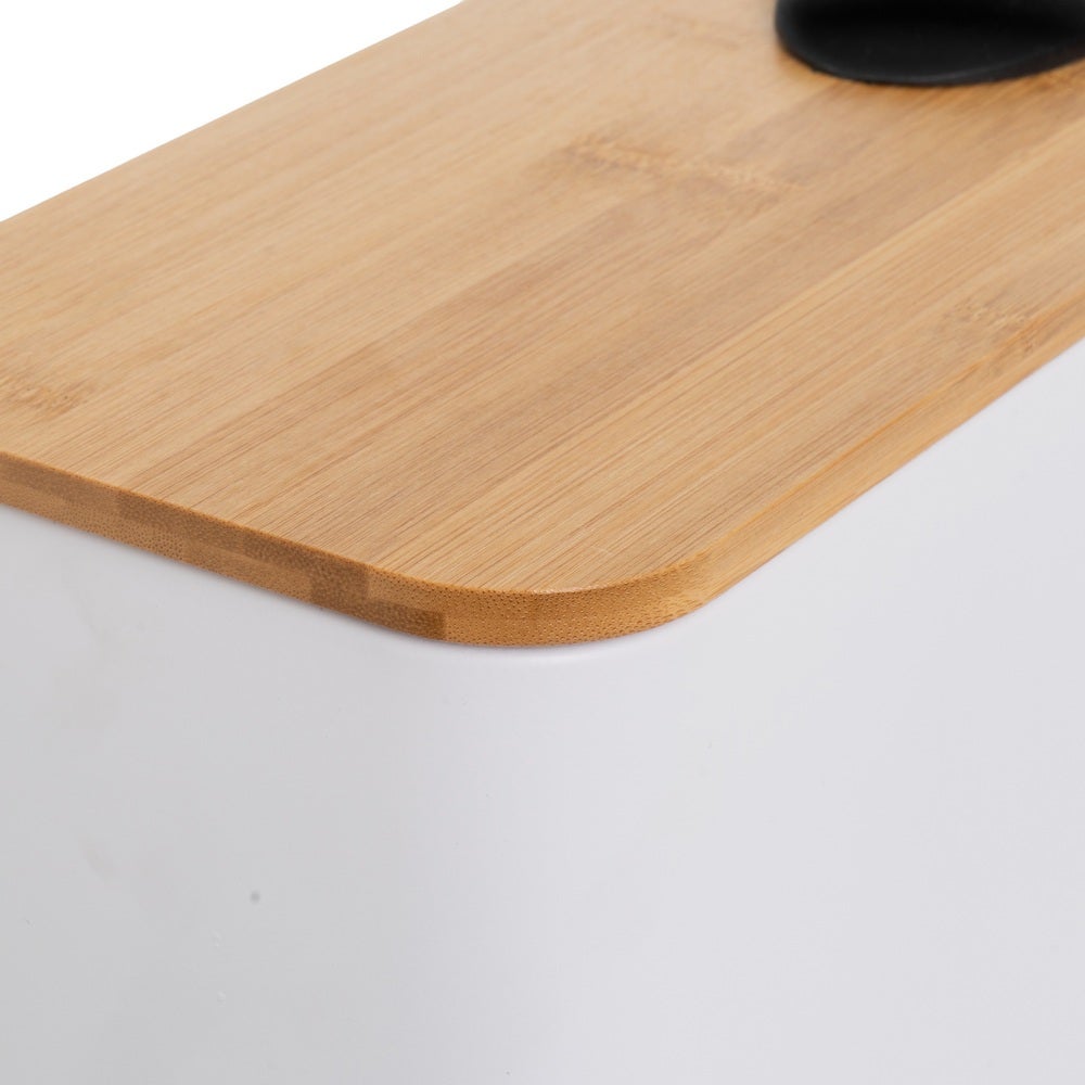 Papelera de pedal rectangular blanca de 5 litros con tapa de bambú