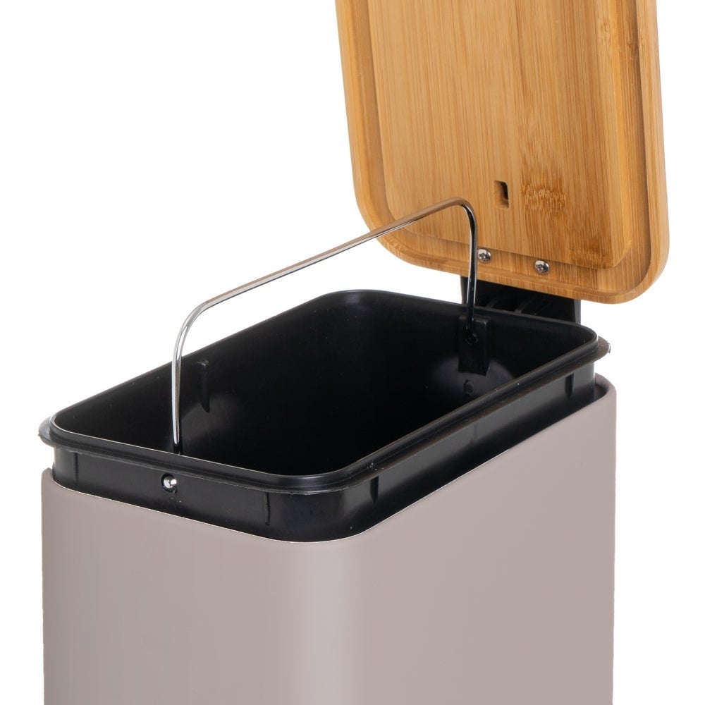 Papelera de pedal rectangular beige de 5 litros con tapa de bambú