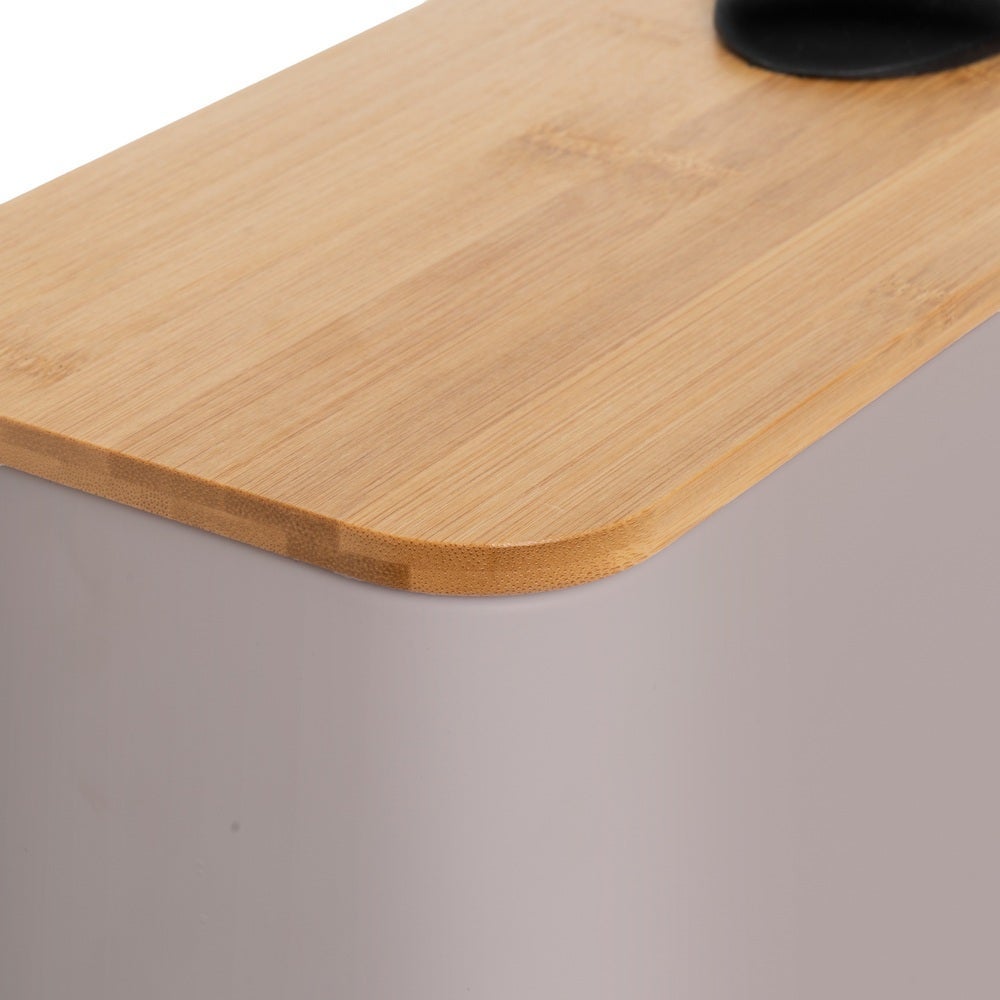 Papelera de pedal rectangular beige de 5 litros con tapa de bambú