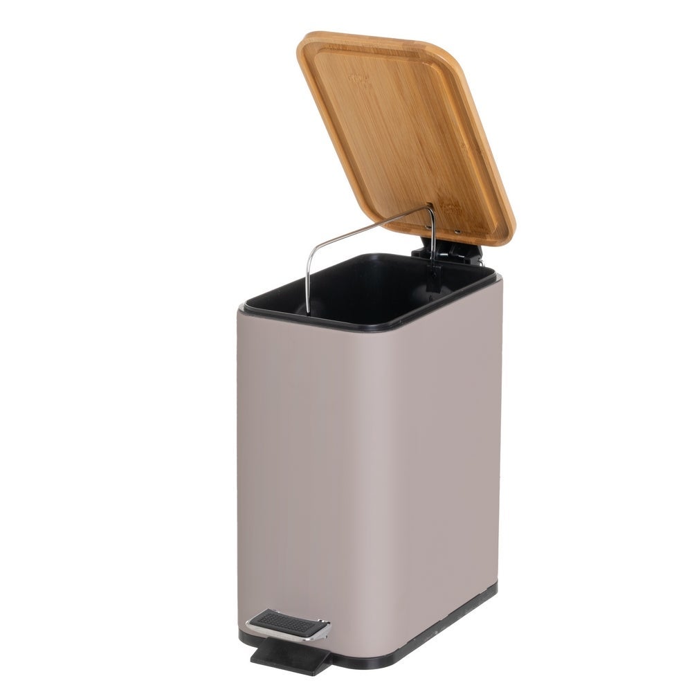 Papelera de pedal rectangular beige de 5 litros con tapa de bambú