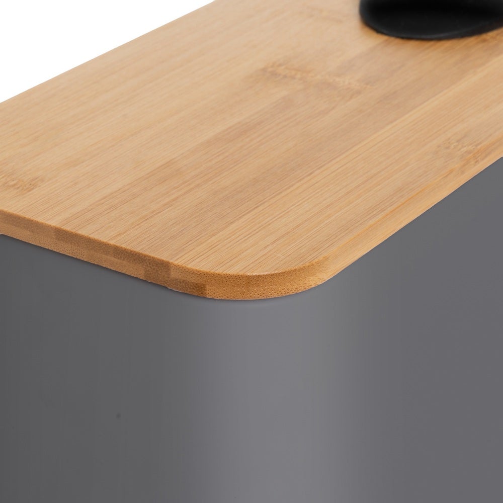 Papelera de pedal rectangular gris de 5 litros con tapa de bambú