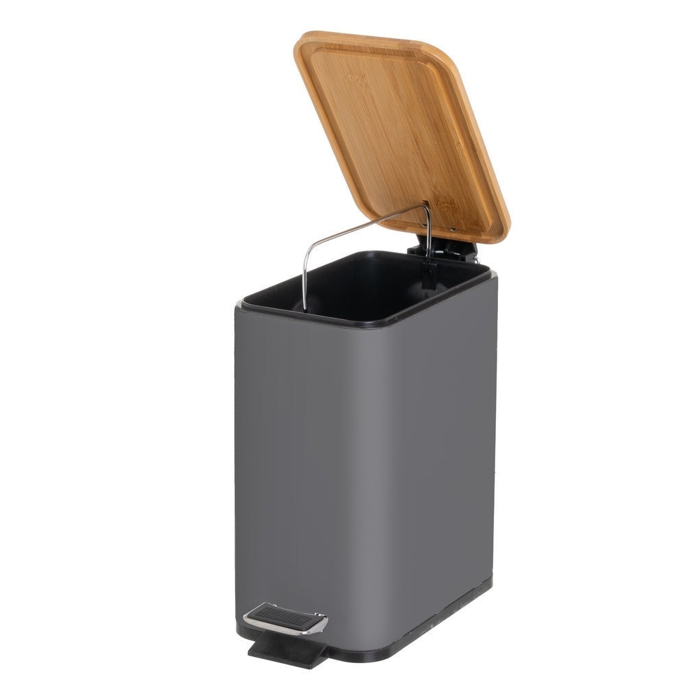 Papelera de pedal rectangular gris de 5 litros con tapa de bambú