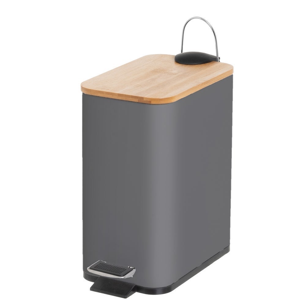 Papelera de pedal rectangular gris de 5 litros con tapa de bambú