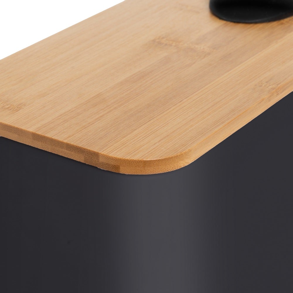 Papelera de pedal rectangular negra de 5 litros con tapa de bambú