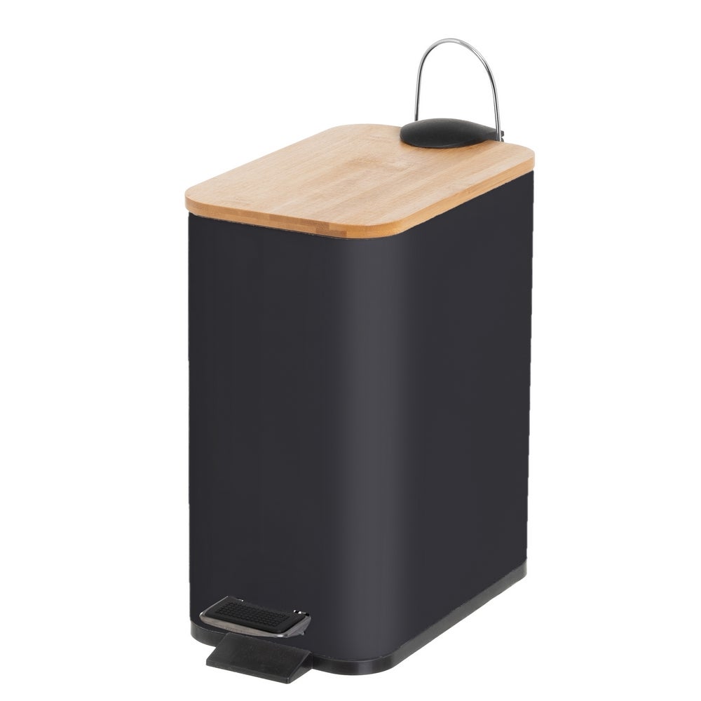 Papelera de pedal rectangular negra de 5 litros con tapa de bambú