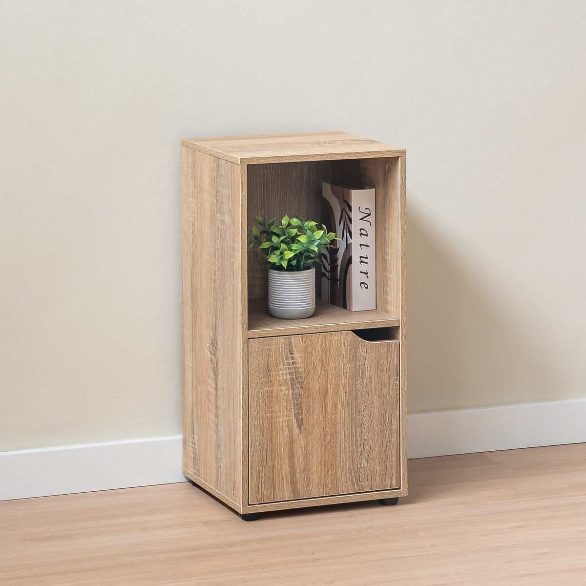 Mesita de noche cubo 1 puerta de MDF color natural de 60x30x29 cm