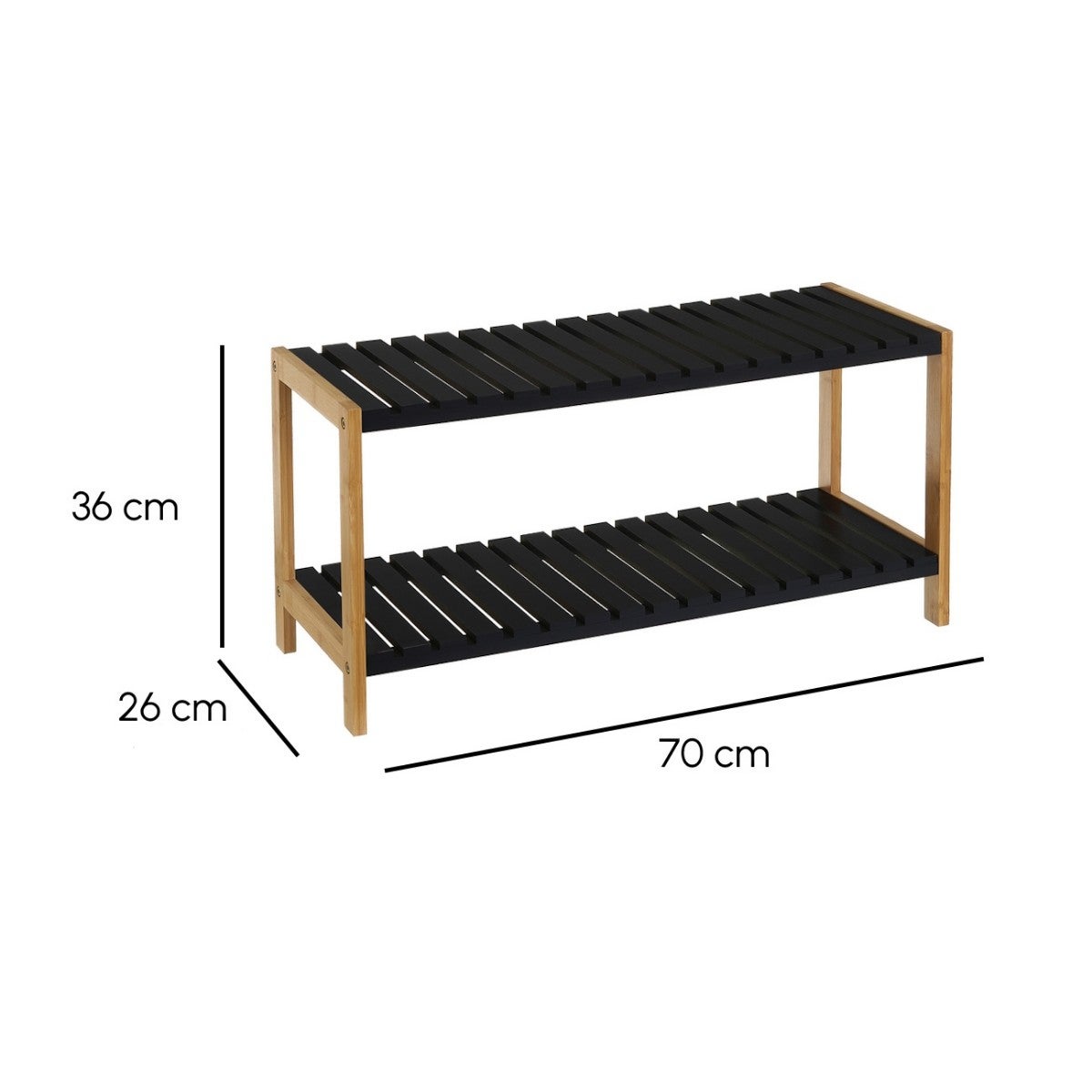 Estantería zapatero de bambú natural con 2 estantes laminados negros de 70x26x36 cm