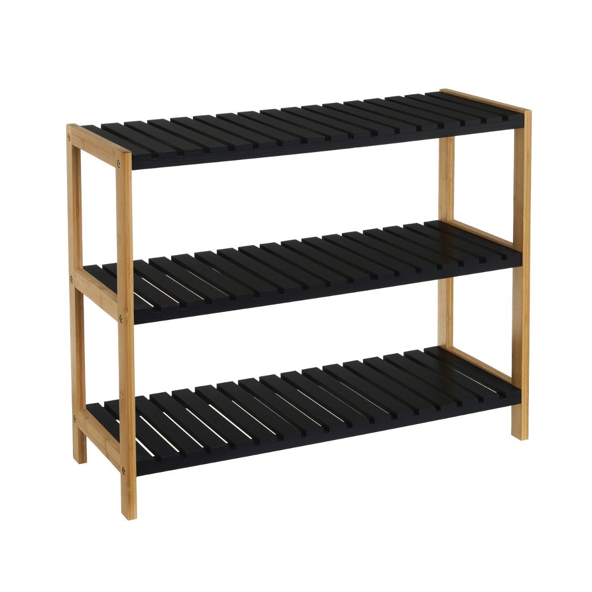 Estantería zapatero de bambú natural con 3 estantes laminados negros de 70x26x59 cm