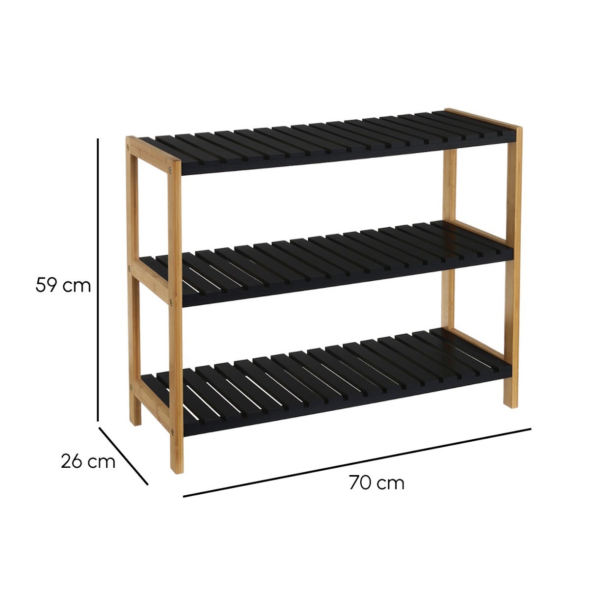 Estantería zapatero de bambú natural con 3 estantes laminados negros de 70x26x59 cm